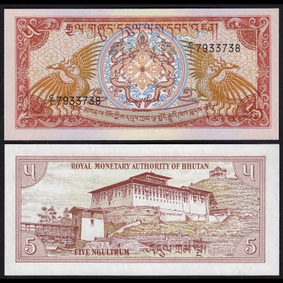 Bhutan - 5 Ngultrum Banknote (1985) UNC Pick 14 (24298