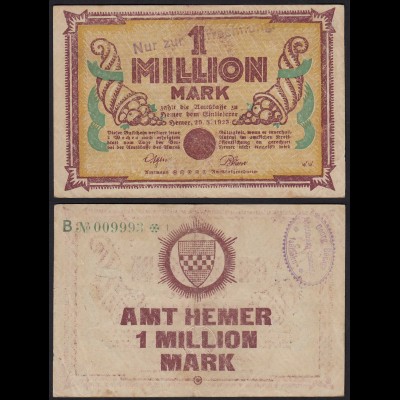Westfalen - Hemer Amtskasse 1 Millione Mark 1923 Notgeld KN grün B (24360