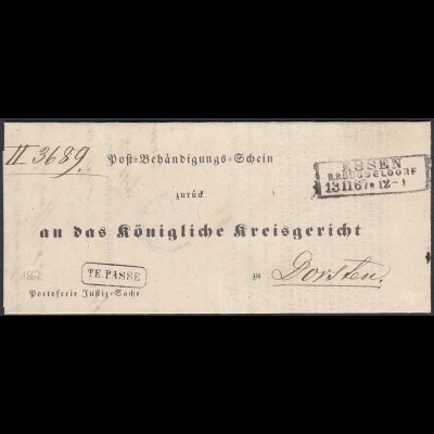 Preussen 1867 Post-Behändigungs-Schein ESSEN R3 - DORSTEN TE-PASSE R1 (24502