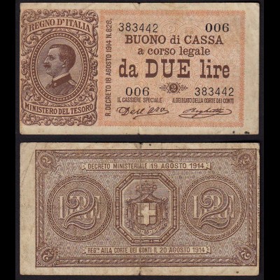 Italien - Italy 2 Lire Banknote 1914 F (4) Pick 37a (15028