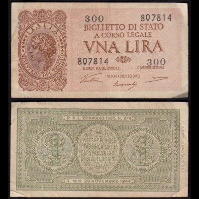 Italien - Italy 1 Lire Banknote 1944 VF- (3-) Pick 29a (15023