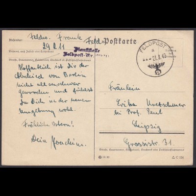 Feldpost Karte WW2 1940 Dieststelle 29211 nach Leipzig (26346
