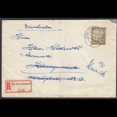 BRD Bund 1956 Heuss 70 Pfg. EF R-Brief Leverkusen 3 als Retourbrief (26351