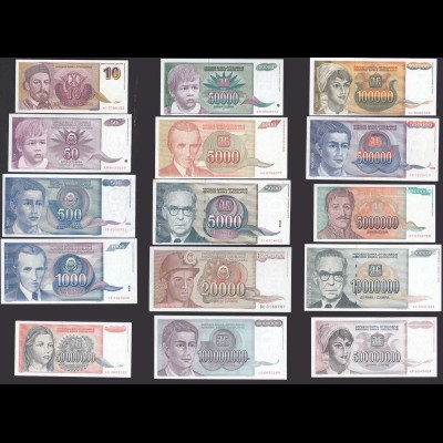 Jugoslawien - Yugoslavia 15 Stück Banknoten FAST alle UNC (26357