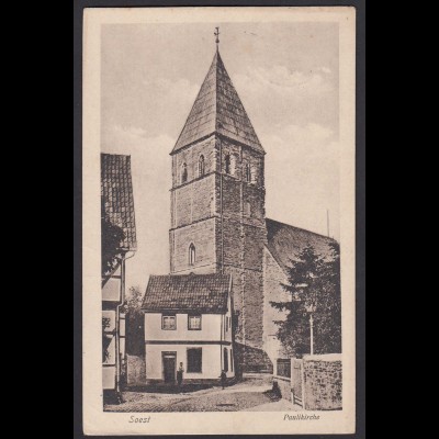 AK Soest Paulikirche mit Strasse 1916 gelaufen Feldpost (17007