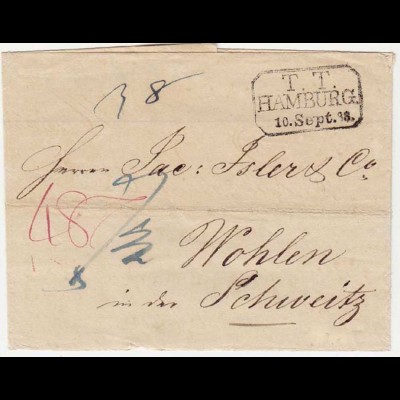 Thurn und Taxis Brief Postbüro Hamburg nach Wohlen Schweiz 1833 roter Taxvermerk