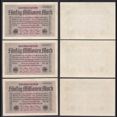 50 Million Mark Infla 1923 FZ: DB BZ:26 3er Set laufende Nummer Ro 108h XF (2)