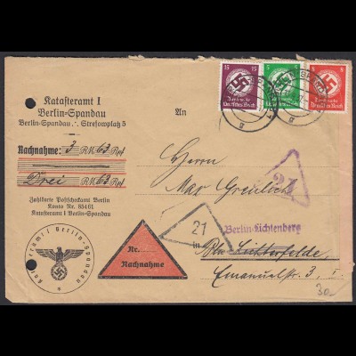 3.Reich Dienst Orts-Nachnahme MEF 3-farbig 1937 Mi.134,135,139 Spandau (21681