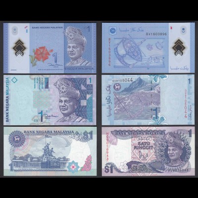 Malaysia - 3 Stück 1 Ringgit Banknoten 1995/12 UNC (15002