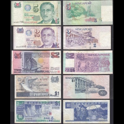 SINGAPUR - SINGAPORE 5 Stück 1,1,2,2,5 Dollar Banknoten (28938