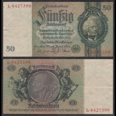 50 Reichsmark 1933 3. Reich Ro 175a Pick 182 VF (3) Udr O - Serie L (29241