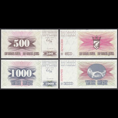 Bosnien-Herzegowina 500 +1000 Dinara 2 Banknoten 1992 UNC (30147