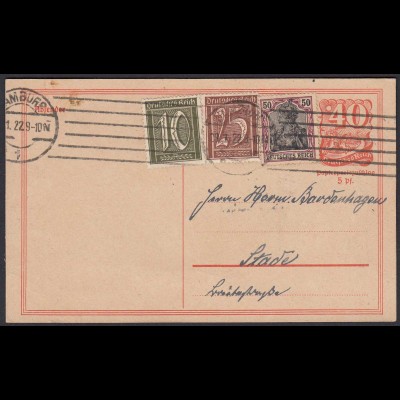 Deutsches Reich DR Infla 40 + 5 Pf.Ganzsache mit Zusatzfrankatur 1922 (21670