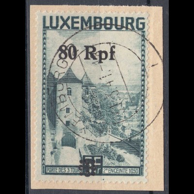 Deutsche Besetzung Luxemburg 80 Rpf. auf 5 Fr. 1940 Mi. 31 Brfstck. used (70078