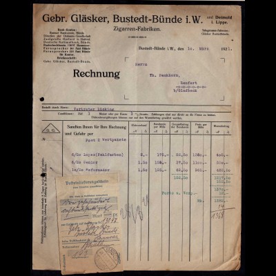 1921 Bustedt-Bünde Lippe Detmold alte Rechnung der Firma Gläsker (24077