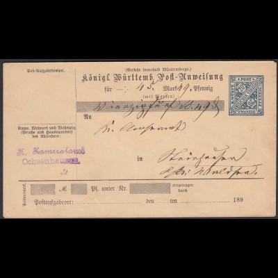 Württemberg Postanweisung Ganzsache Umschlag 20 Pfennig selten (26430