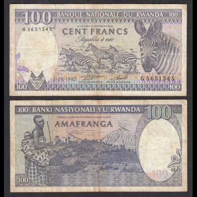 RUANDA - RWANDA 100 Francs Banknote 1982 aVF (3-) Pick 18 (32035