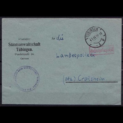 Gebühr bezahlt Staatsanwalt Tübingen an Landes-Polizei Crailsheim 1946 (b320