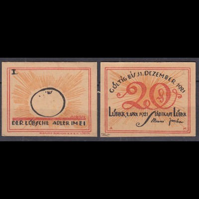 LÜBECK 1921 20 Pfennig Notgeld Gutschein Adler im Ei (32322