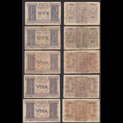 Italien - Italy 5 Stück 1 + 2 Lire Banknoten 1939 gebraucht Pick 26 + 27 (32521
