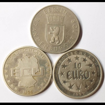 3 Stück Medaillen UNC 2 x ECU 1 x Brandenburger TOR jeweils Ø 40 mm GELEGENHEIT