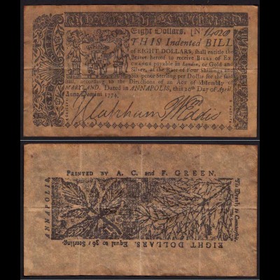 USA 1780 - 8 Dollar MARYLAND ANNAPOLIS 1774 - siehe Beschreibung (15284