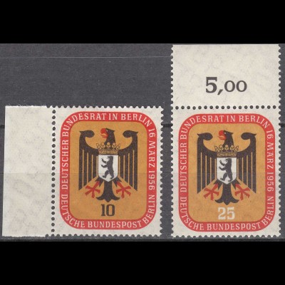 Berlin 1956 Mi. 136-137 postfrisch MNH 10+25 Pfg. Wappen Berlin + BRD Bundesrat