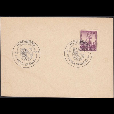 3.Reich Mi. Nr.819 Peter Henlein SST 1942 Nürnberg auf Karte (32585