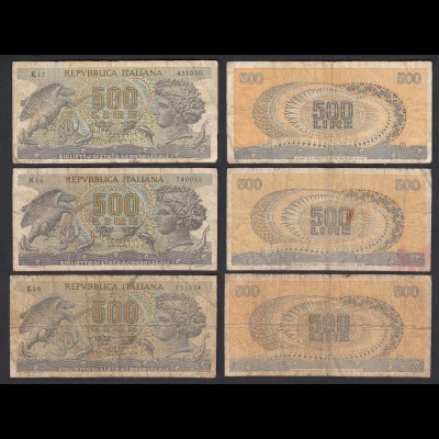 Italien - Italy 3 Stück á 500 Lire Banknote 1967 Pick 93a VG-F (4-5) (32644