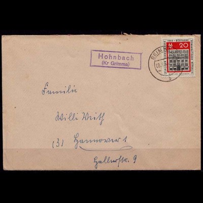 Brief Posthilfstelle/Landpost Hohnbach Kreis Grimma (7633
