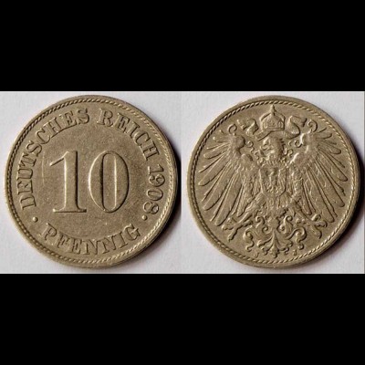 10 Pfennig Kaiserreich EMPIRE 1908 J - Jäger 13 (r329
