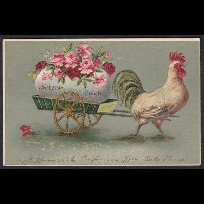 AK Fröhliche Ostern PrägekarteHahn Ei Wagen 1906 (17475