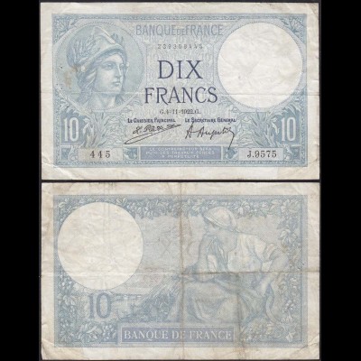 Frankreich - France 10 Francs Banknote 4-11-1922 VF Pick 73c (13091