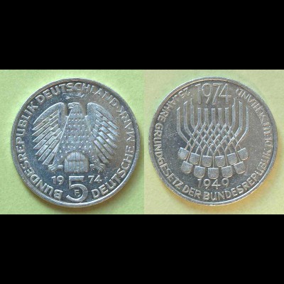 5 DM Silber-Münze 1974 25 J. Grundgesetz BRD J.413 (18378