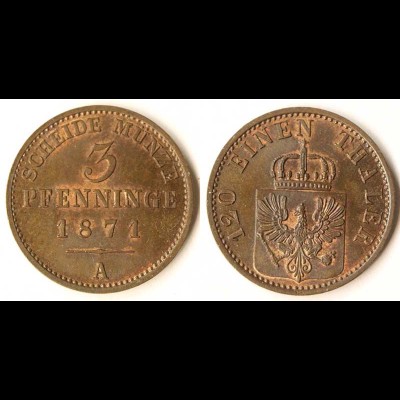 Preussen Prussia 3 Pfennig 1871 A Altdeutschland Old German States (n566
