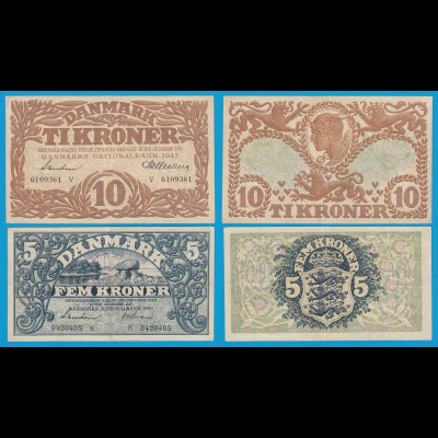 DÄNEMARK - DENMARK 5 + 10 Kronen 1943 Pick 30k + 31p VF (18504