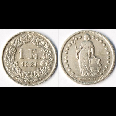 Schweiz - Switzerland 1 Franken Silber-Münze 1921 (r1314