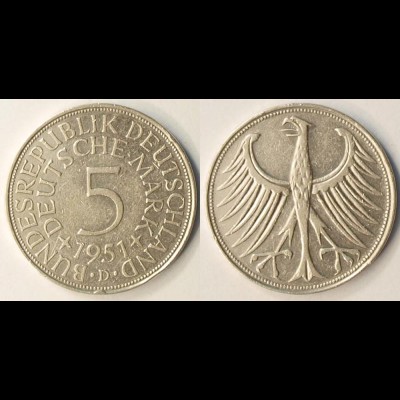 5 DM Silber-Adler Silberadler Münze 1951 D Jäger 387 BRD (r1268