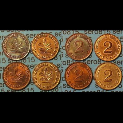 2 Pfennig complete set year 1965 all Mintmarks (444