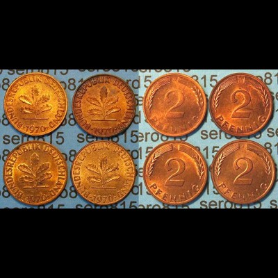 2 Pfennig complete set year 1970 all Mintmarks (447