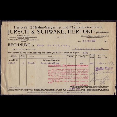 Herford Jursch & Schwanke alte Rechnung 1922 Infla(d024