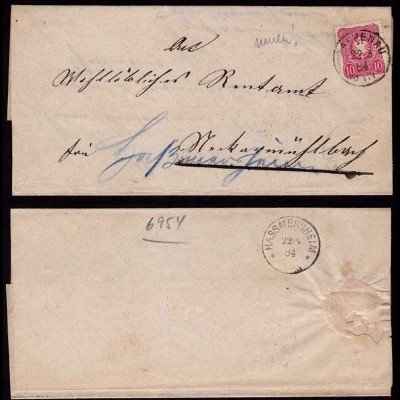 Rappenau n. Hassmersheim DR Umschlag doppelt verwendet 1884 (b151