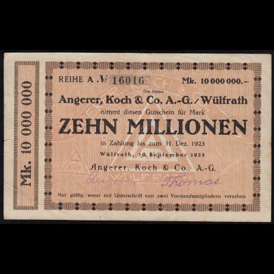 Rheinland - Wülfrath 10 Millionen Mark 1923 Notgeld Angerer Koch NUMMER! (15675