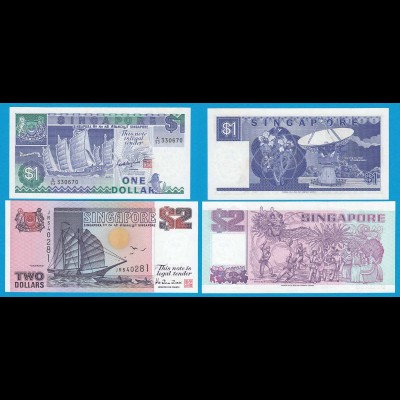Singapur - Singapore 1 + 2 Dollars UNC Pick 18 + 27 Schiffe (18692