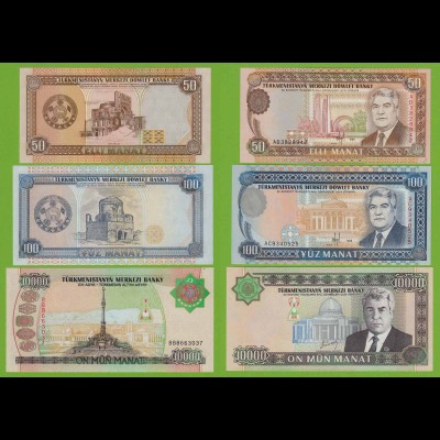 Turkmenistan - 50, 100, 10000 Manat Banknoten 1995/2003 UNC (18211