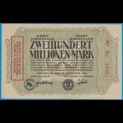 Kreuznach - Notgeld 200 Millionen Mark 1923 4-stellig m.Aufdruck Serie A