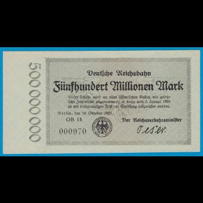 Reichsbahn Berlin 500 Millionen Mark Banknote 1923 aUNC (19023