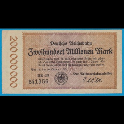 Reichsbahn Berlin 200 Millionen Mark Banknote 1923 VF (19024