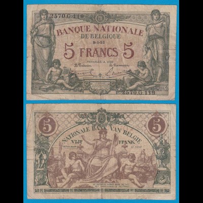 Belgien - Belgium 5 Francs 3.1.1921 Pick 75 VG/F (19093