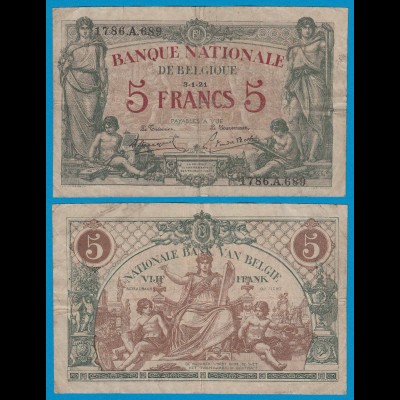 Belgien - Belgium 5 Francs 3.1.1921 Pick 75 gutes F (19094